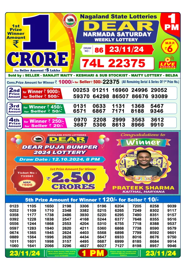 Lottery Sambad Result Today 23 11 24 1PM