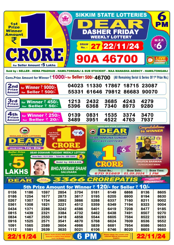 Lottery Sambad Result Today 22 11 24 6PM