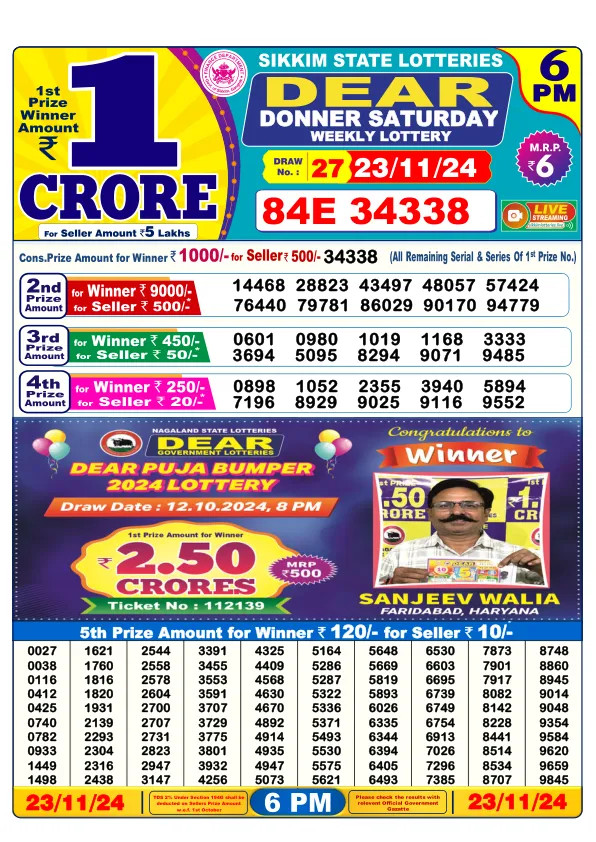 Lottery Sambad Result Today 23 11 24 6PM