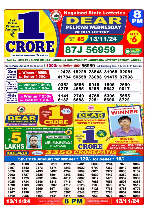 Lottery Sambad Result Today 13 11 24 8PM