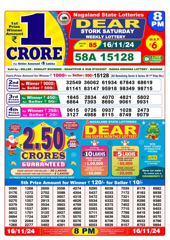 Lottery Sambad Result Today 16 11 24 8PM