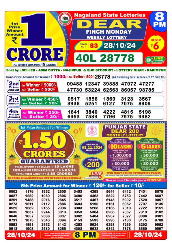 Lottery Sambad Result Today 27 10 24 8PM