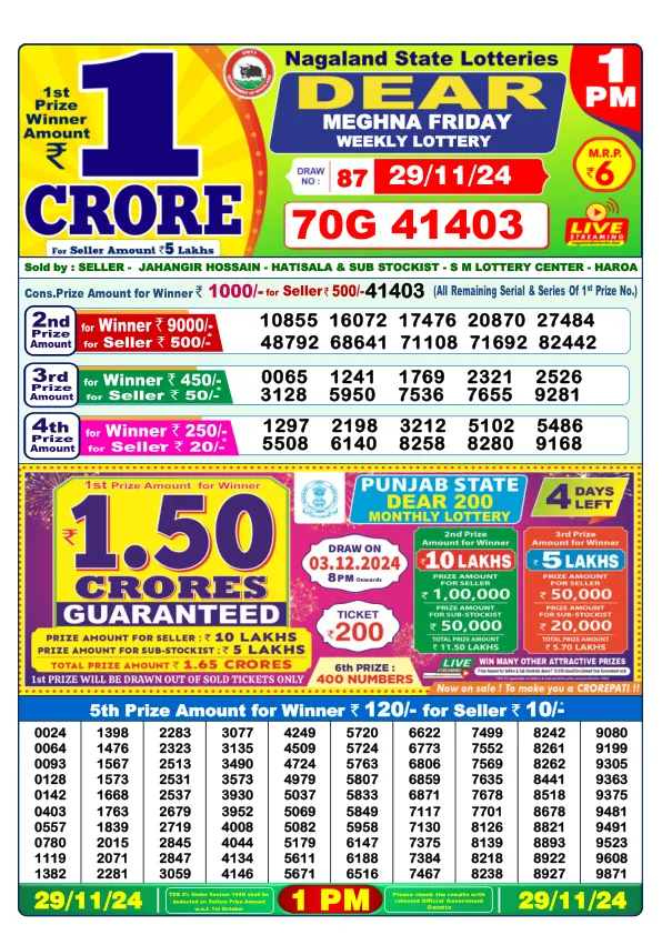 Lottery Sambad Result Today 29 11 24 1PM