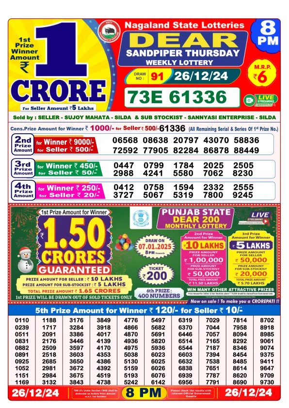 Lottery Sambad Result Today 26 12 24 8PM