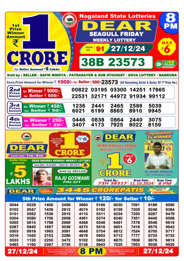 Lottery Sambad Result Today 27 12 24 8PM