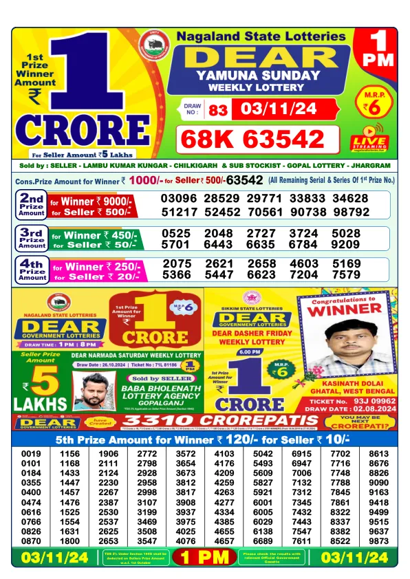 Lottery Sambad Result Today 03 11 24 1PM