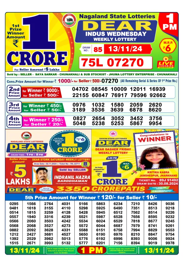 Lottery Sambad Result Today 13 11 24 1PM